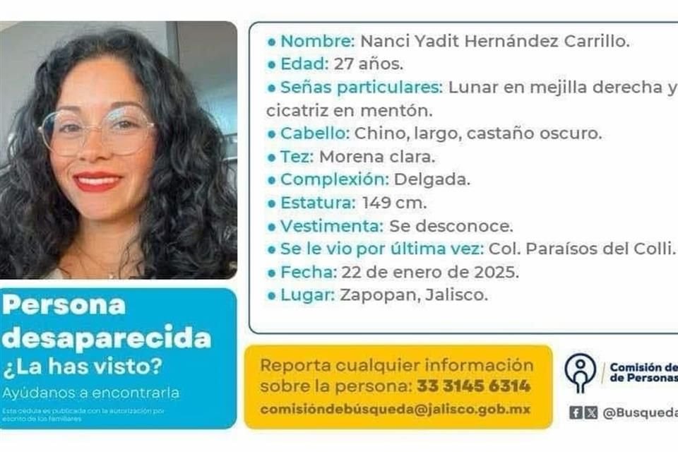 Nanci Yadit Hernández se encuentra desaparecida desde enero, pero la Fiscalía de Jalisco asegura que el caso corresponde a Tabasco y viceversa.