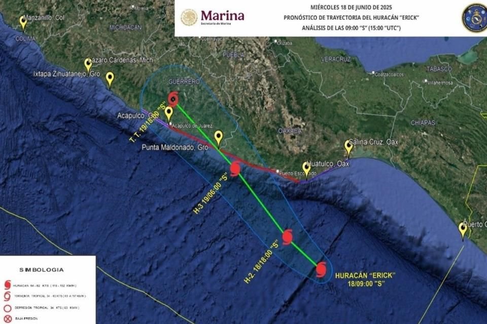 Mapa del pronóstico del desplazamiento del Huracán 'Erick' en el Pacífico.