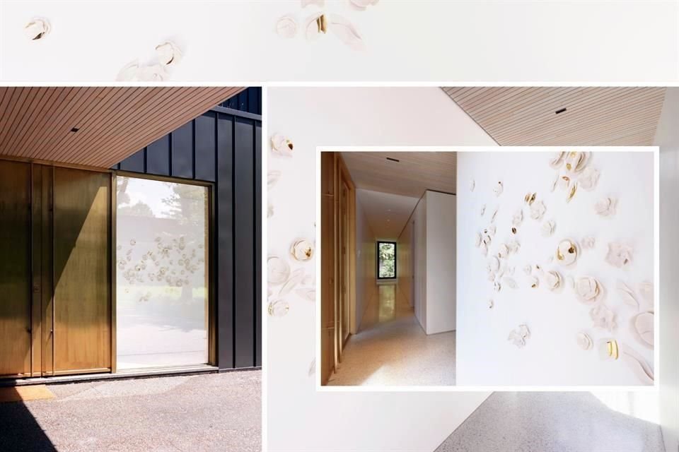 Esta residencia contemporánea ofrece el escenario para el mural Eole, inspirado en el suave balanceo de las flores nativas de las Laurentides.