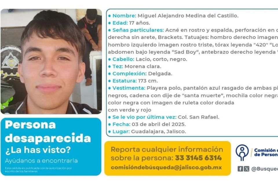 El menor sería Miguel Alejandro Medina del Castillo, por cuyo caso la Comisión de Búsqueda de Personas emitió una ficha al siguiente día de la desaparición.