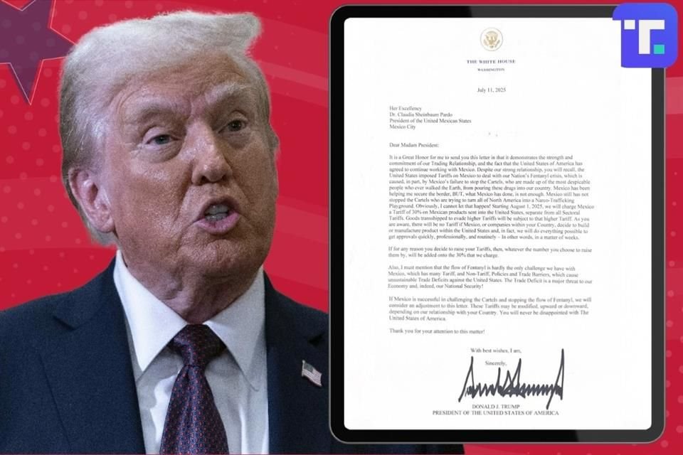 In una lettera a Sheinbaum, Trump ha annunciato dazi del 30% sul Messico che entreranno in vigore il 1° agosto; ha affermato che il Paese non ha fermato i cartelli.