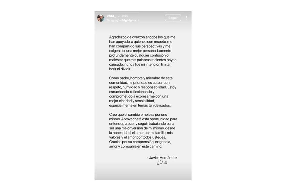 A través de historias de Instagram, Javier 'Chicharito' Hernández, se pronuncio sobre las críticas a sus videos.