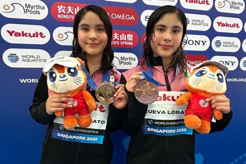 Las gemelas Mía y Lía Cueva ganaron Bronce en la competencia de trampolín sincronizado de tres metros del Mundial de Natación de Singapur.