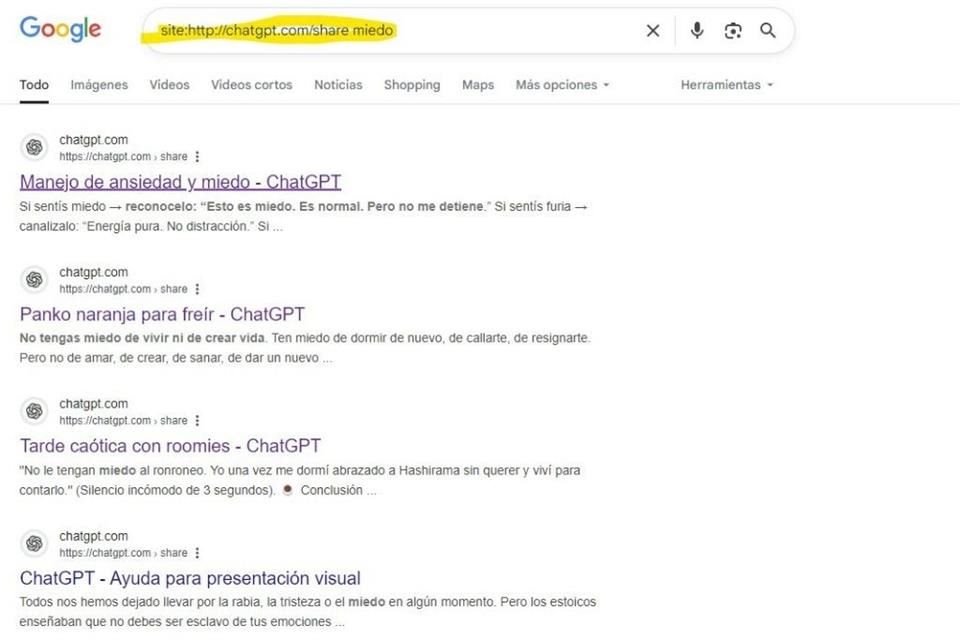 Al buscar en Google con un comando, aparecían conversaciones que personas tenían con ChatGPT.