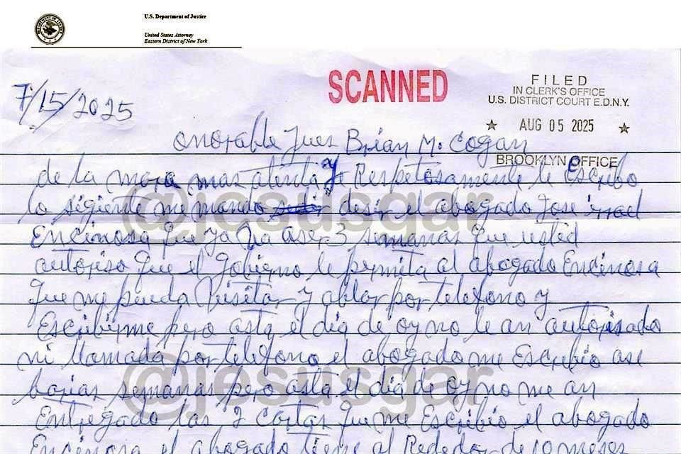 Aspecto de la carta del 'Chapo' Guzmán dirigida al Juez Brian Cogan.