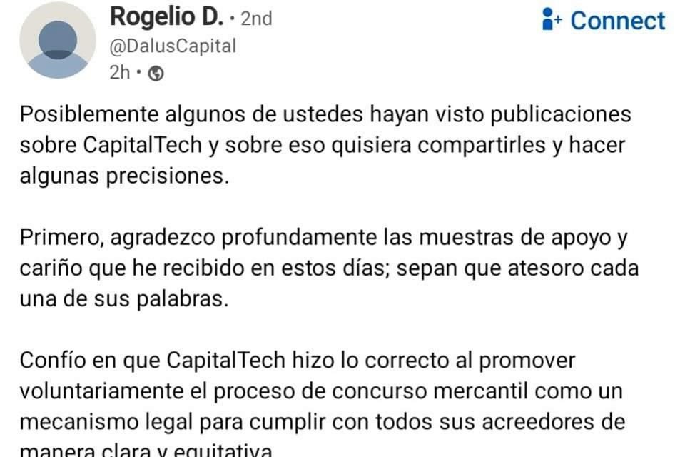 La carta fue publicada en su perfil de LinkedIn.