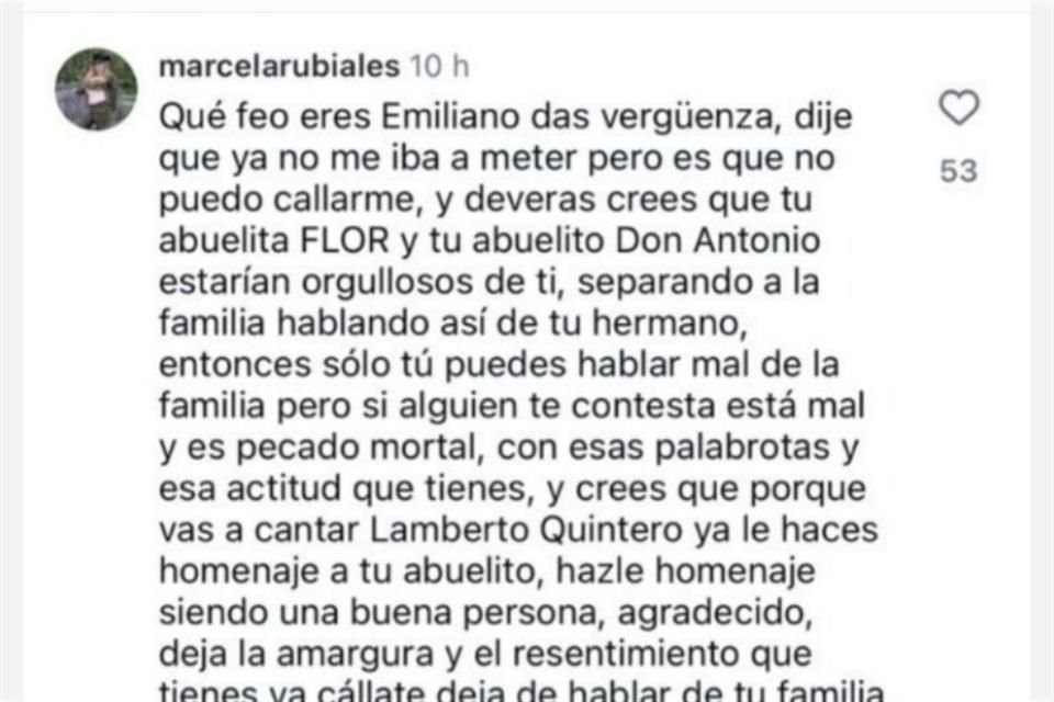 Parte del mensaje de Marcela Rubiales, hermana de Pepe Aguilar, a Emiliano Aguilar.