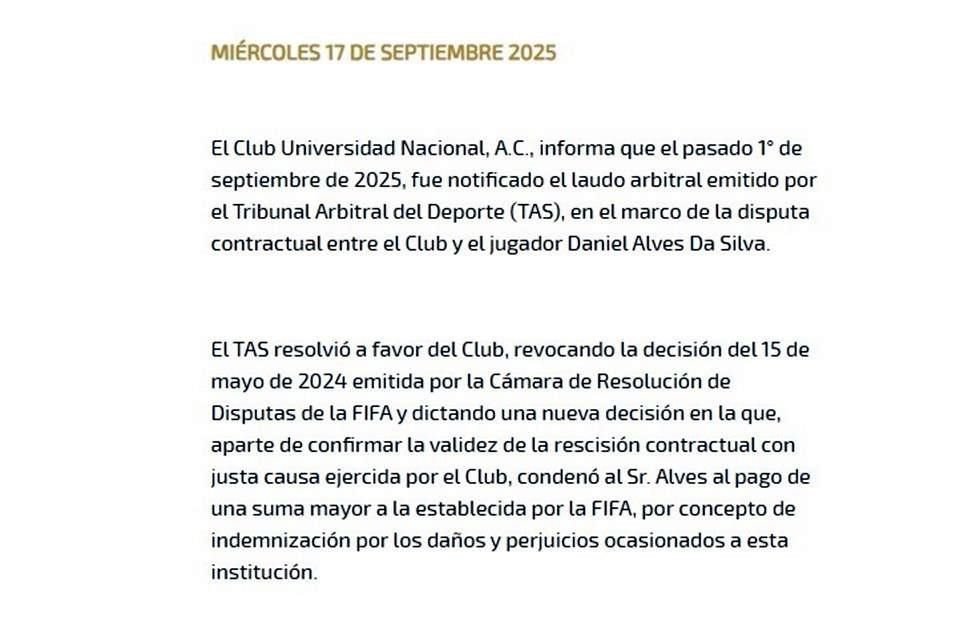 Este es el texto que publicó el club universitario.