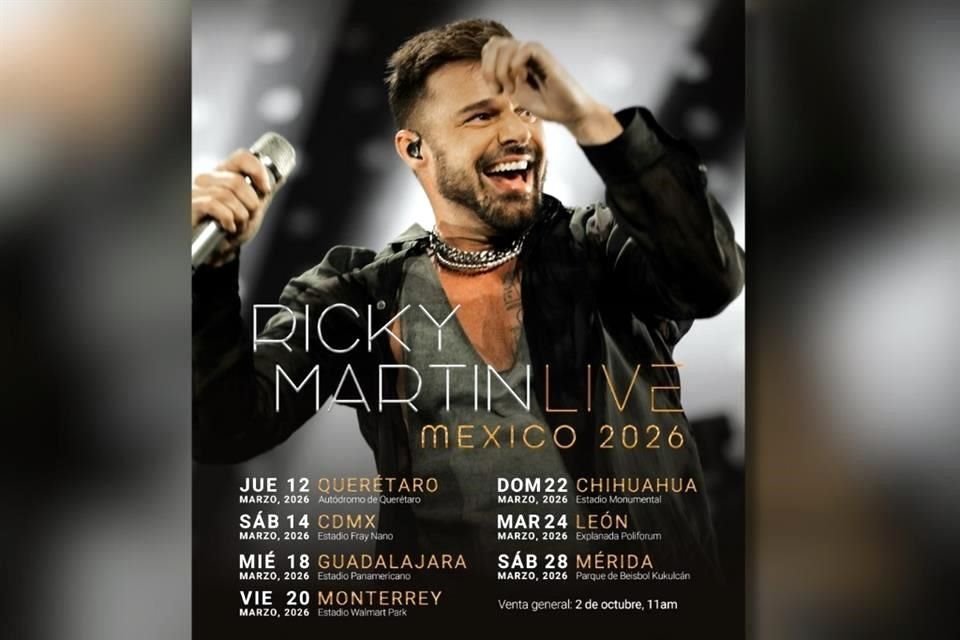 La venta de boletos para los conciertos de Ricky Martin estará disponible a través de funticket.mx a partir del jueves 2 de octubre a las 11:00 horas.
