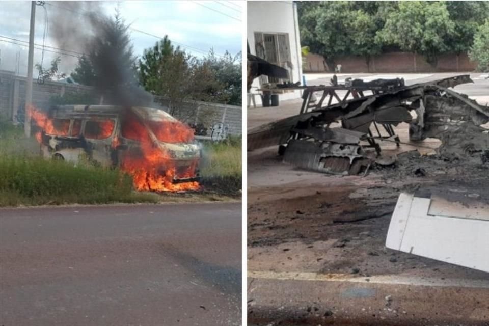 Este domingo, una combi fue incendiada por criminales (izquierda) en Pátzcuaro, y en Tepalcatepec (derecha), explosivos fueron lanzados desde un dron a avionetas.
