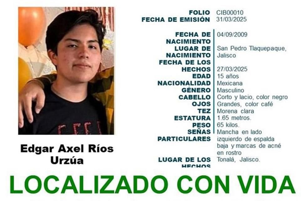 Localizan con vida a Axel Ríos, estudiante de la Escuela Politécnica, de la Universidad de Guadalajara, que estaba desaparecido desde marzo.