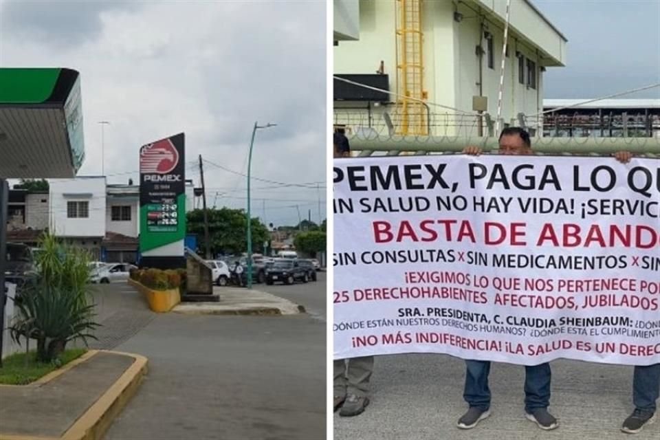 El desabasto de gasolinas ha provocado largas filas (izquierda) en Tapachula, Chiapas; al mismo tiempo, (derecha) jubilados protestan en contra de Pemex en TAR de Puerto Chiapas.