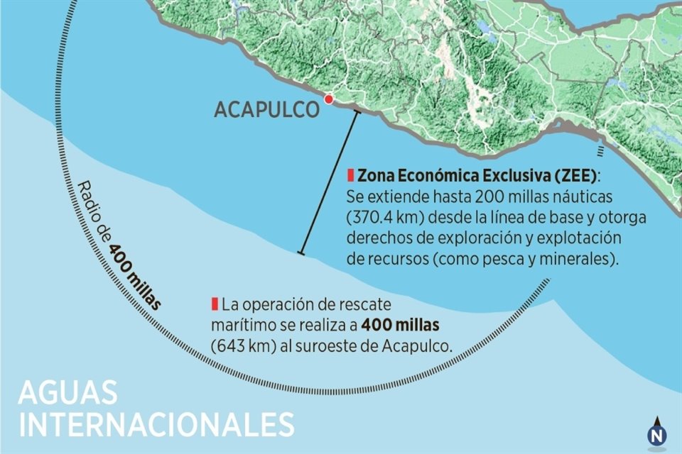 La operación de rescate marítimo se realiza a 400 millas (643 km) al suroeste de Acapulco.