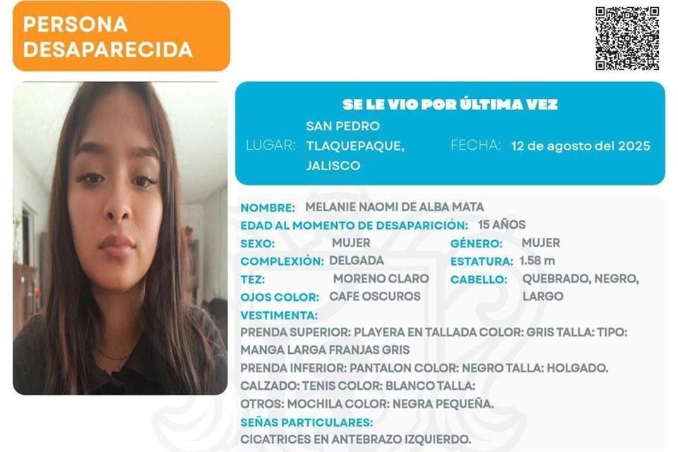 Melanie Naomi de Alba Mata tiene 15 años, fue vista por última vez en Miravalle, Tlaquepaque.