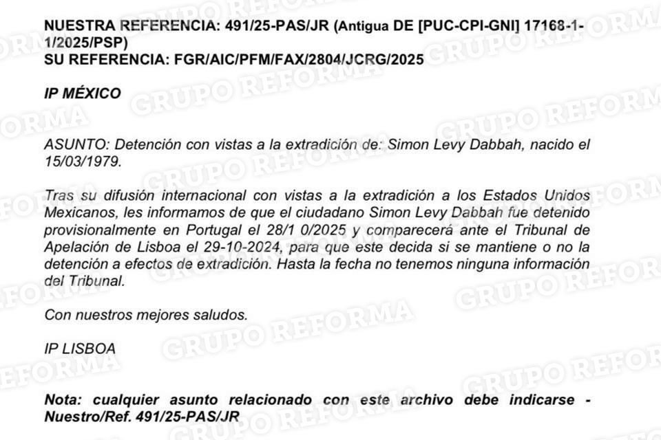 De acuerdo con el documento, Simon Levy fue detenido provisionalmente en Portugal.