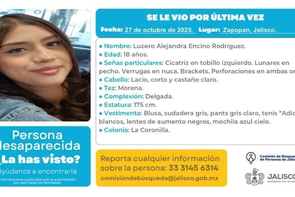 Se le vio por última vez en la Colonia La Coronilla, también en Zapopan y vestía una sudadera y un pants gris. Usa lentes de aumento y brackets.