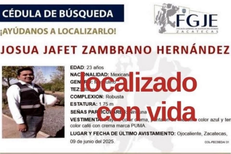 En Zacatecas, agentes lograron el rescate de Joshua Yafet Zambrano Hernández, hijo del munícipe Juan Manuel Zambrano (PRD), quien había permanecido secuestrado durante casi cinco meses.