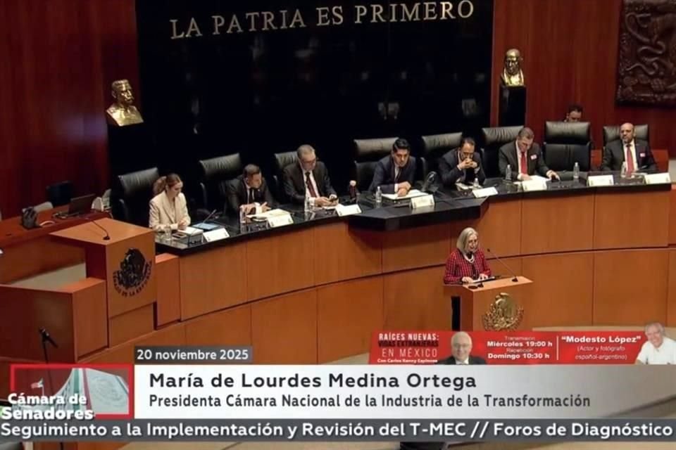La presidenta de la Canacintra, María de Lourdes Medina, durante su intervención en el foro de Diagnóstico Sectorial del T-MEC.