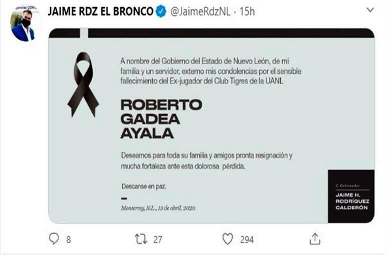 Personalidades e instituciones del futbol lamentan en redes sociales el fallecimiento de Roberto Gadea, quien jugara en Tigres y fuera campeón en la temporada 1977-78.