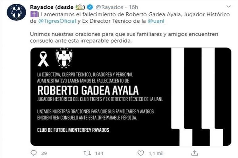 Personalidades e instituciones del futbol lamentan en redes sociales el fallecimiento de Roberto Gadea, quien jugara en Tigres y fuera campeón en la temporada 1977-78.
