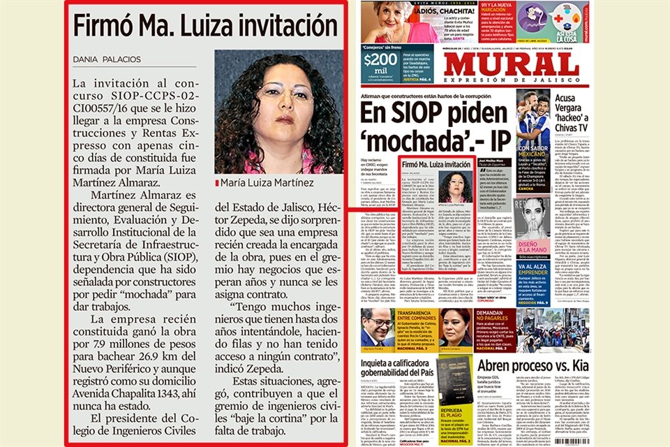 El 24 de agosto del 2016 se publica que constructores acusan que en la SIOP les piden 'mochada' para asignarles obra pública. Ese día es separada de la dependencia María Luiza Martínez Almaraz.
