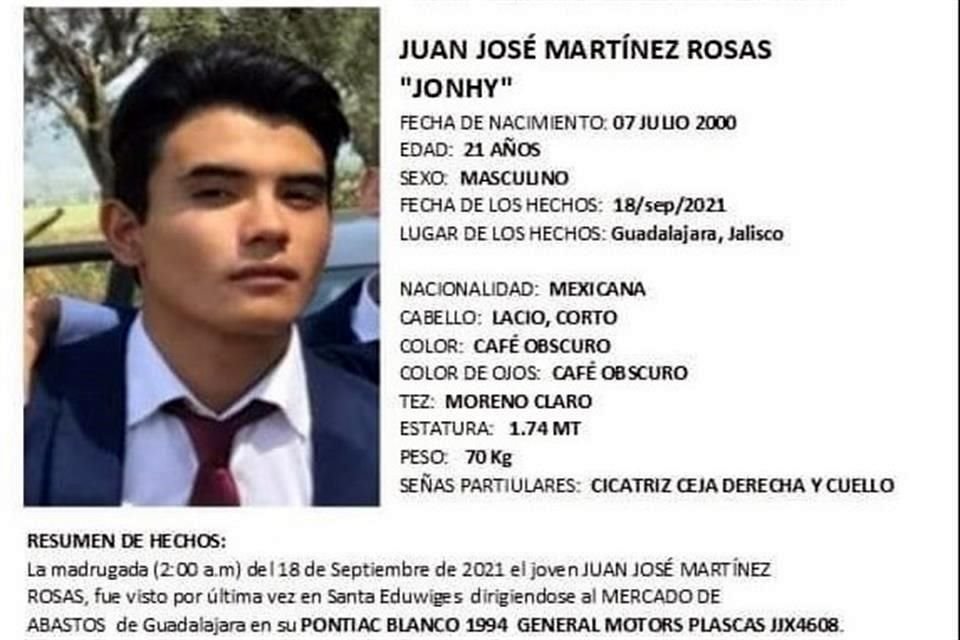 Juan José Martínez Rosas fue visto por última vez en un auto Pontiac blanco 1994; iba rumbo al Mercado de Abastos.