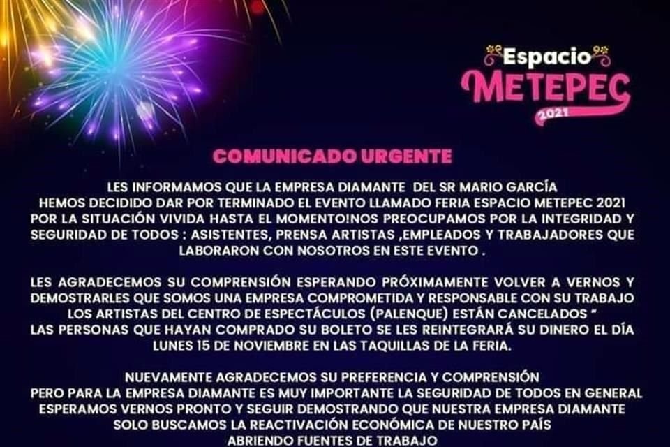 La empresa informó que el lunes 15 de noviembre será reintegrado el dinero a los que compraron boletos.