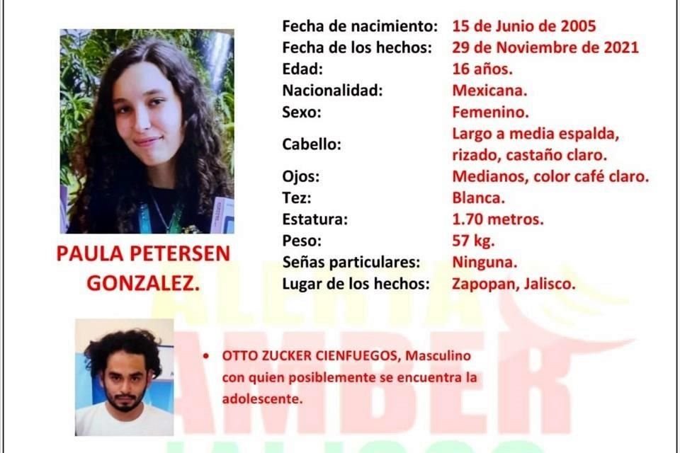 Alerta Amber Jalisco dio a conocer que Paula Petersen González podría encontrarse Otto Zucker Cienfuegos, su maestro de ajedrez.