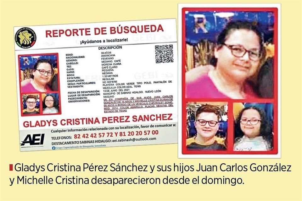 Gladys Cristina Pérez Sánchez y sus hijos Juan Carlos González y Michelle Cristina desaparecieron desde el domingo.
