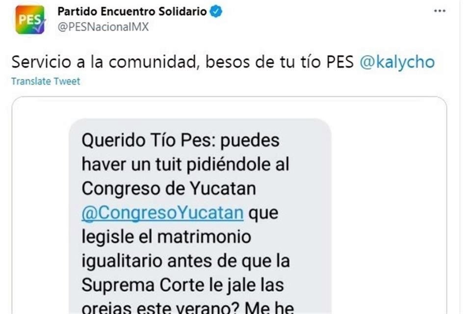 En otro post, el community manager retuiteó la petición de otro usuario, en pro de la aprobación del matrimonio igualitario en Yucatán.
