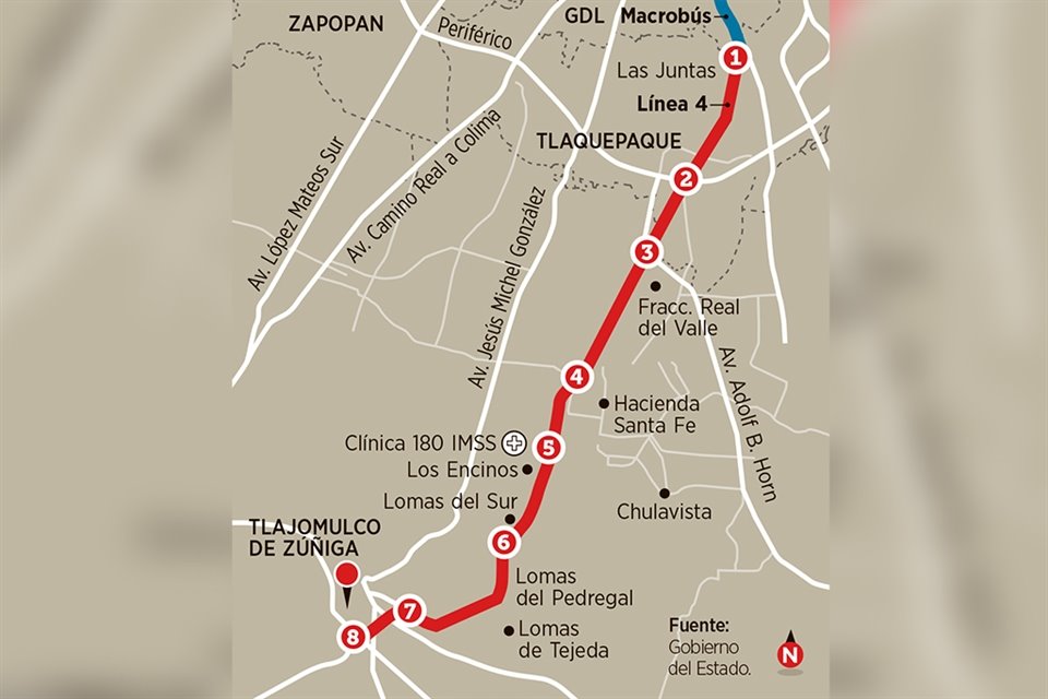 La L4 tendrá una longitud de 21.9 kilómetros con ocho estaciones, dos en Tlaquepaque y seis en Tlajomulco.
