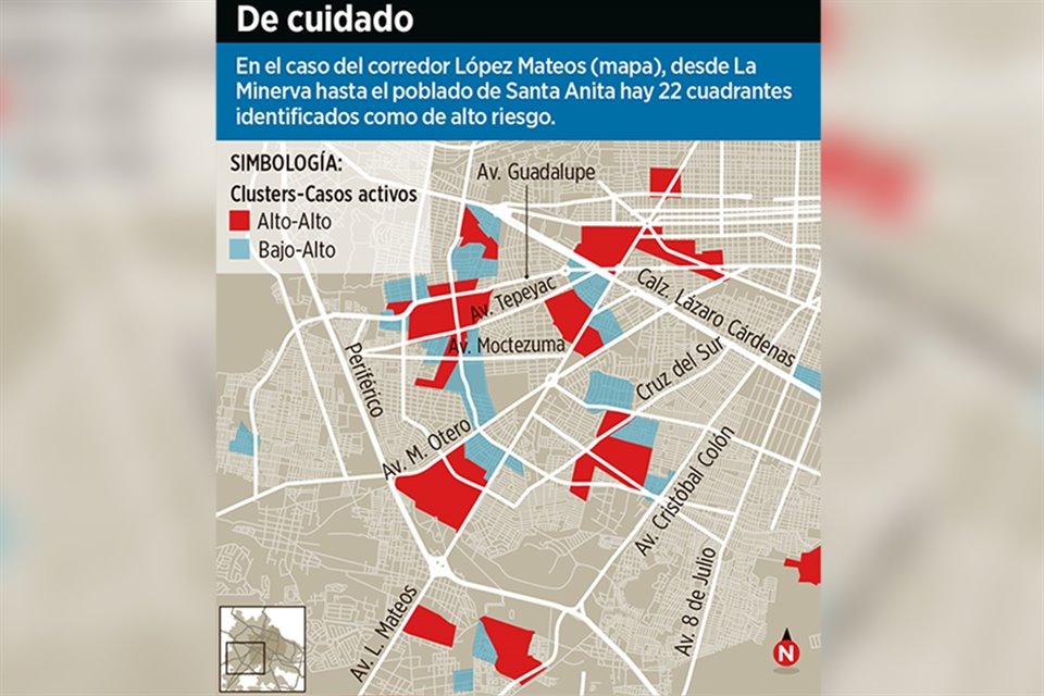 Según el mapa del Gobierno del Estado, los casos activos de Covid en la ZMG se concentran en la Zona Oriente y en el corredor López Mateos.